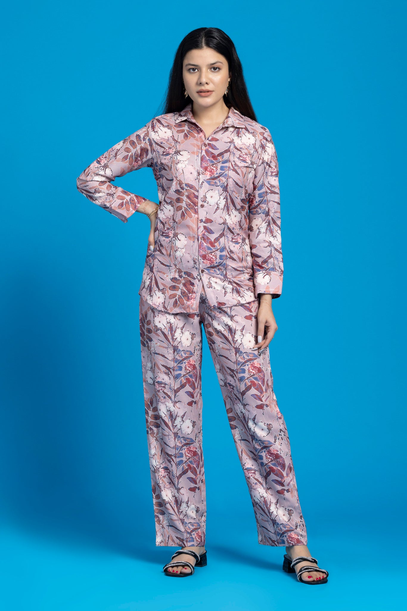 Rust Coffee Printed Shirt Style Co-Ords Set