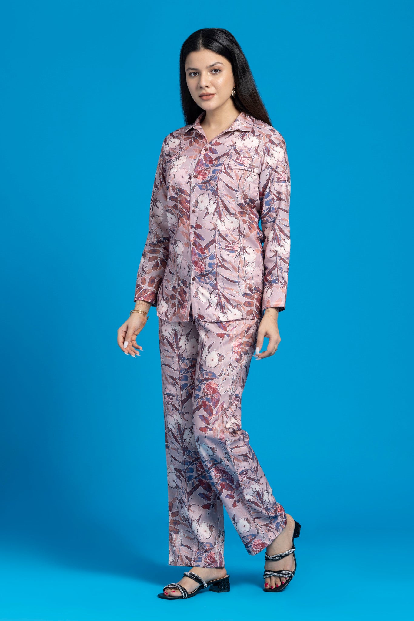 Rust Coffee Printed Shirt Style Co-Ords Set