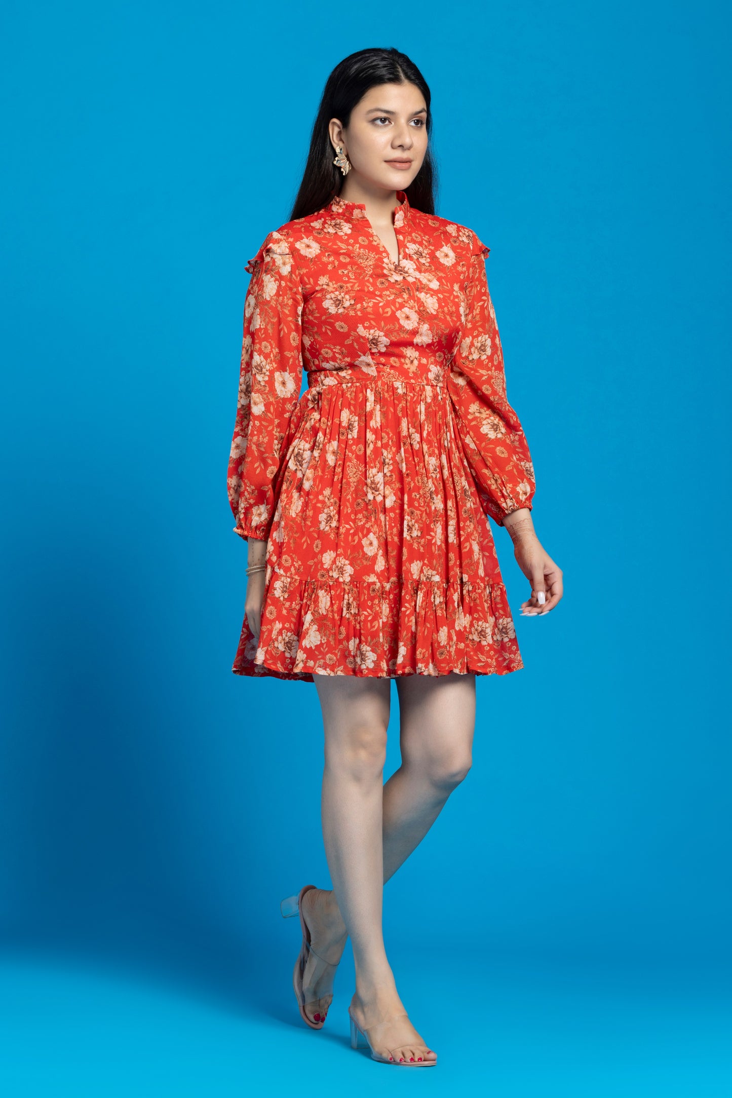 Floral Printed Flare Chinon Dress