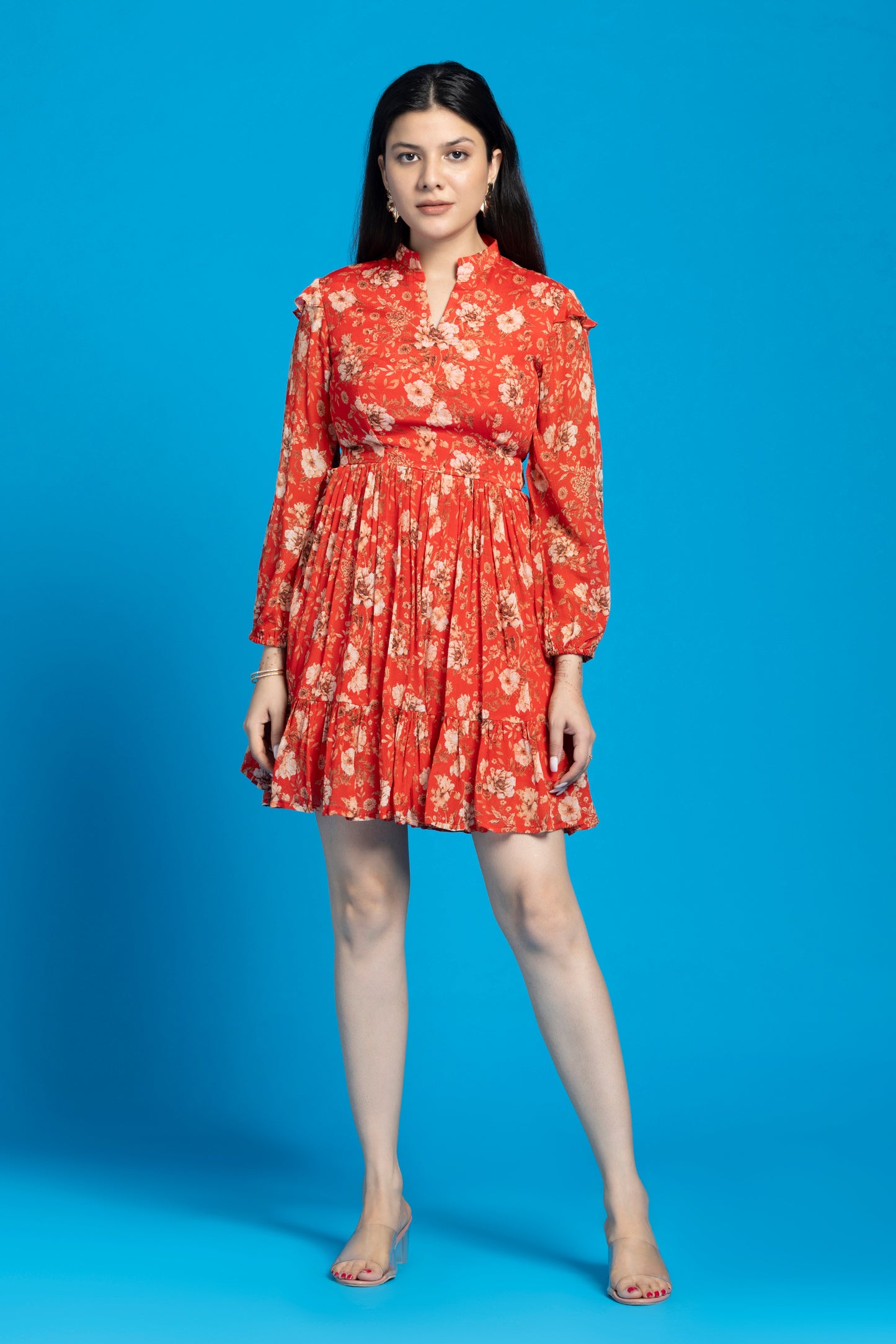 Floral Printed Flare Chinon Dress