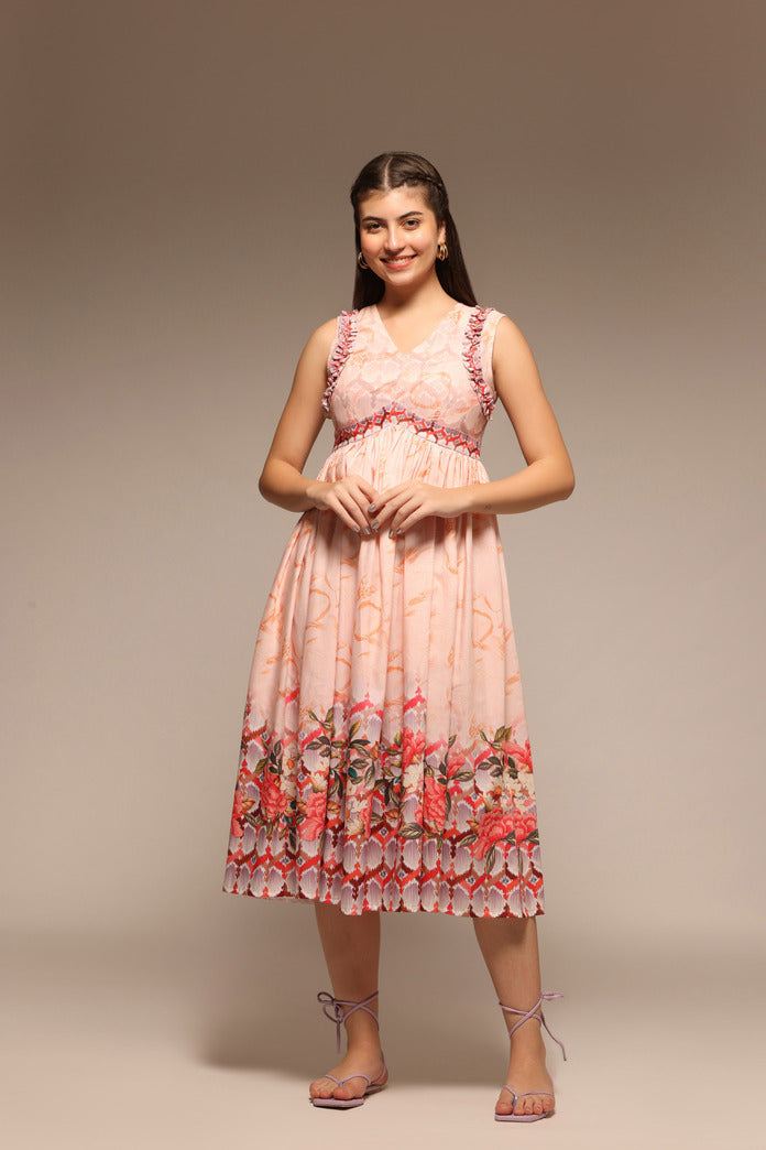 Beige Abstract Printed Flared Dress