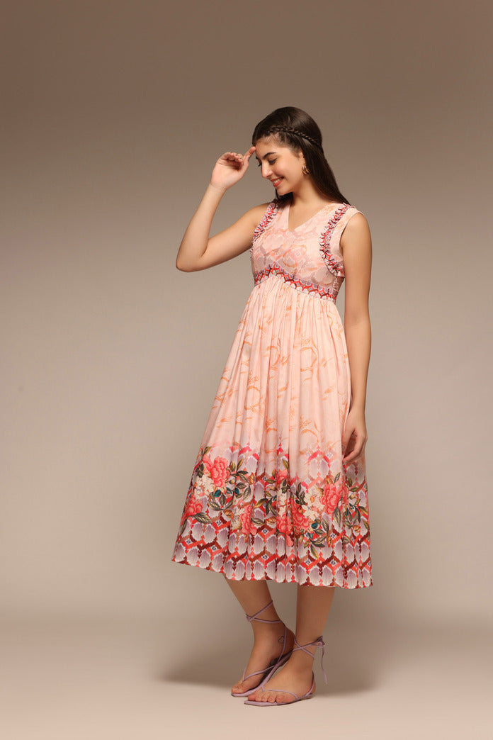 Beige Abstract Printed Flared Dress