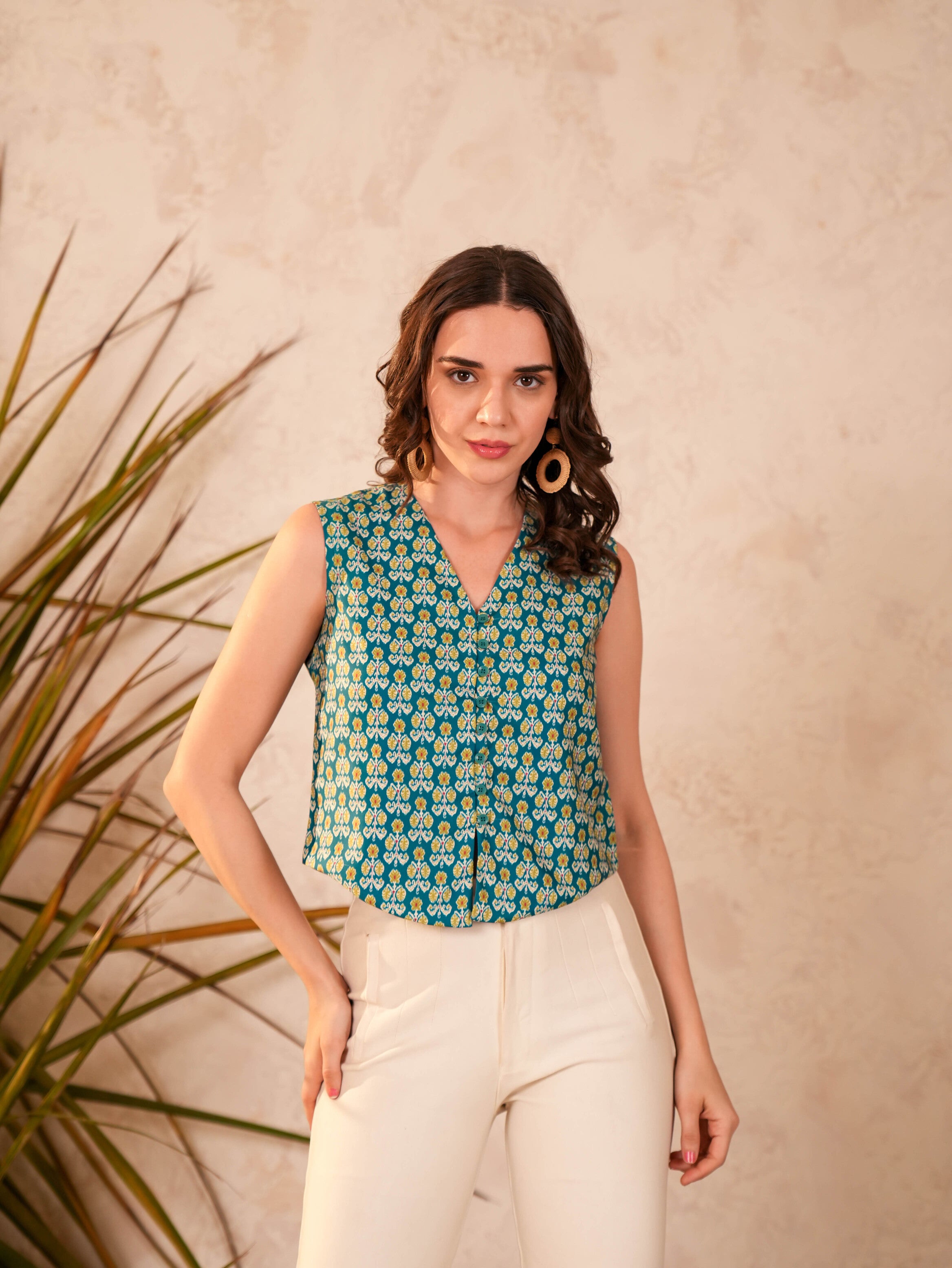 Green Ethnic Motifs Crop Top