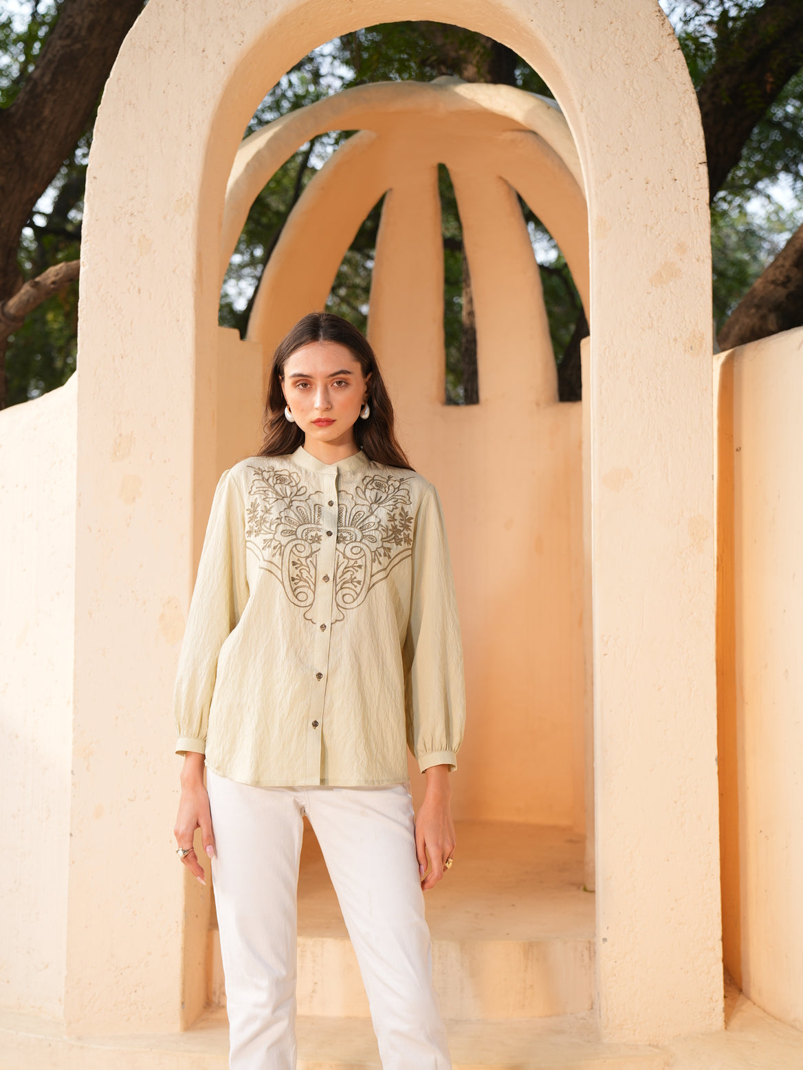 Beige Embroidered shirt Style Top