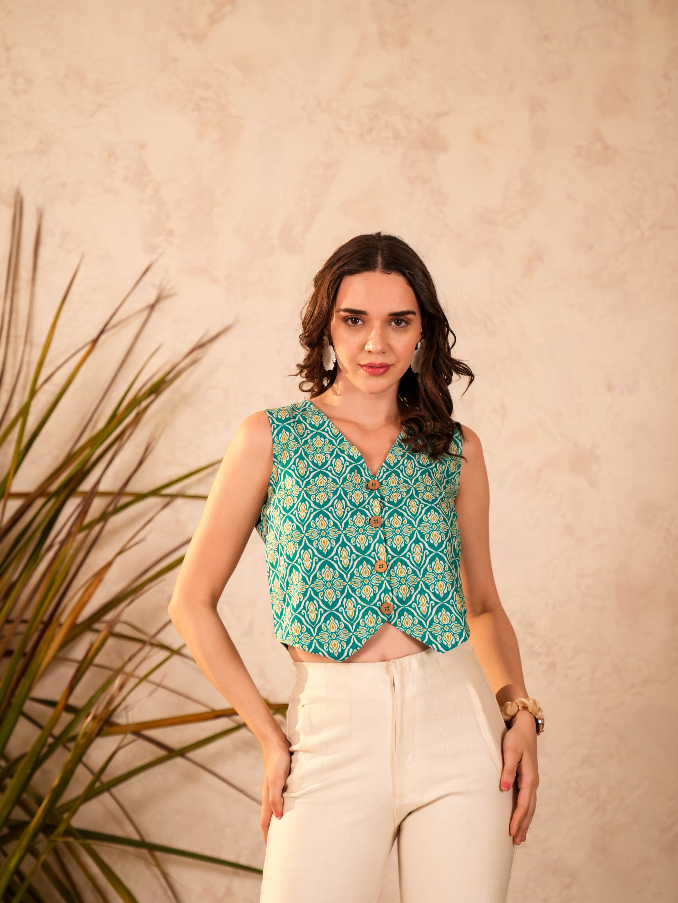 Green Ethnic Motifs Crop Top