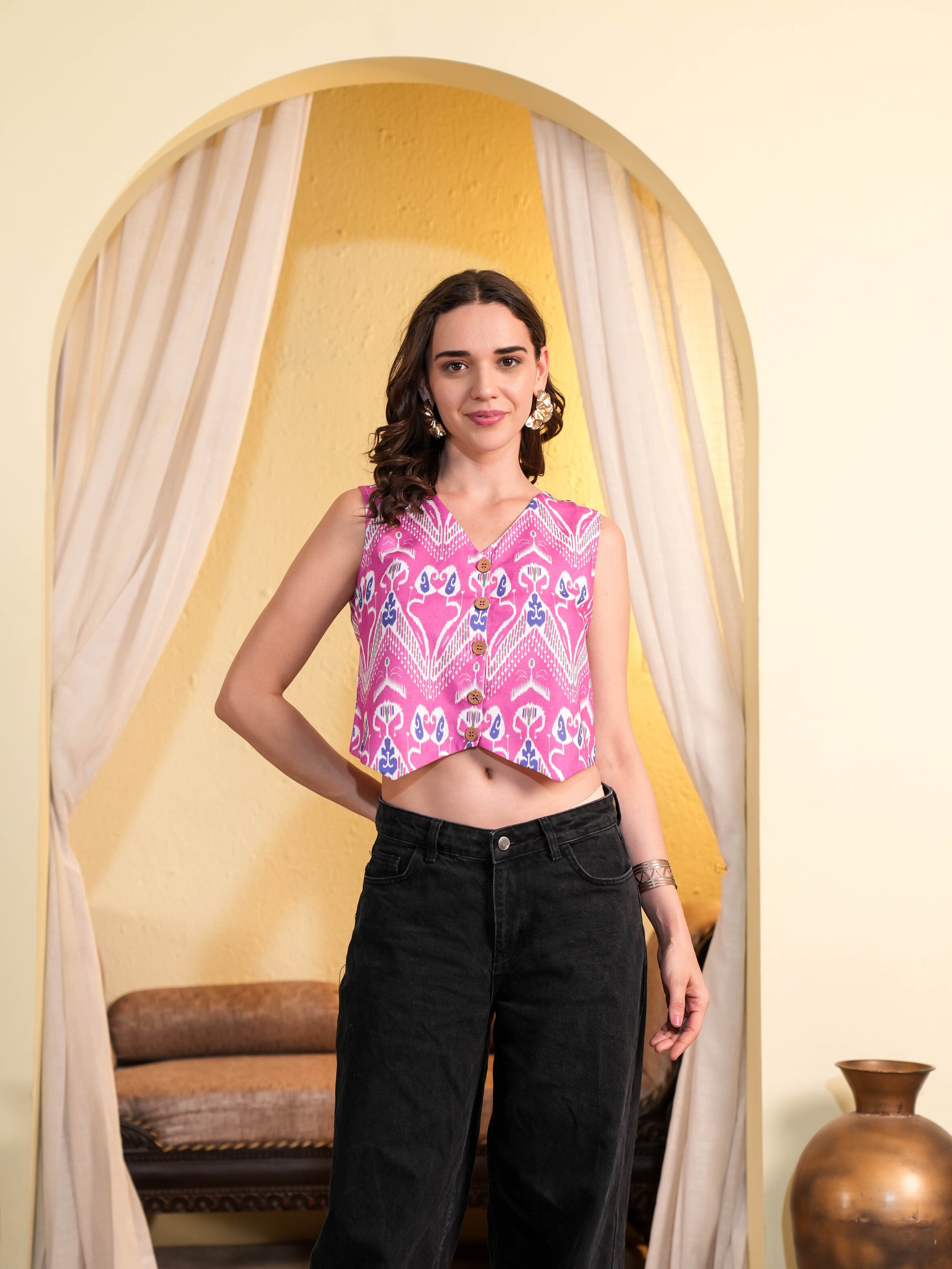 Pink Ikat Printed Crop Top
