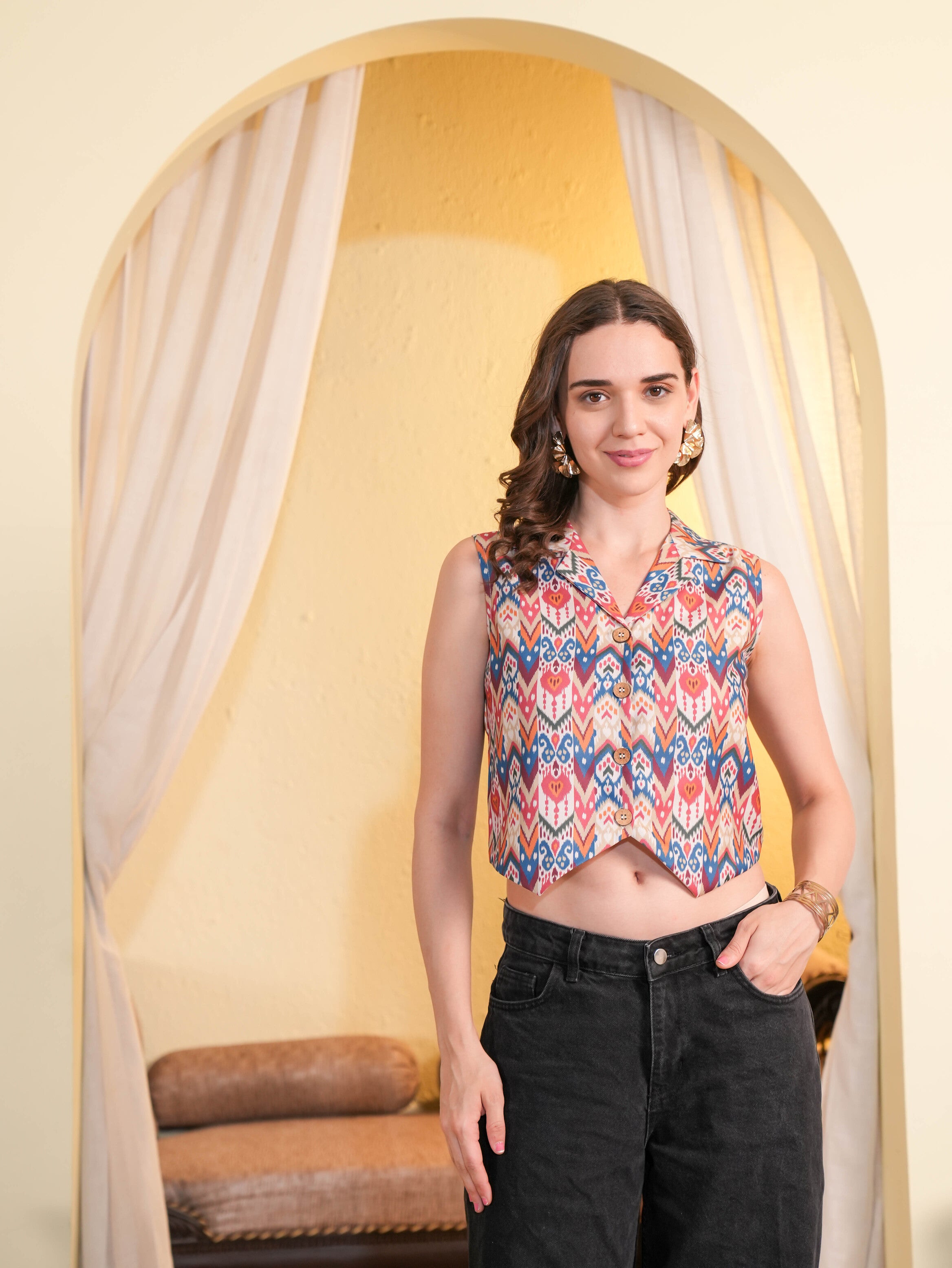 Multicoloured Ikat printed Crop Top
