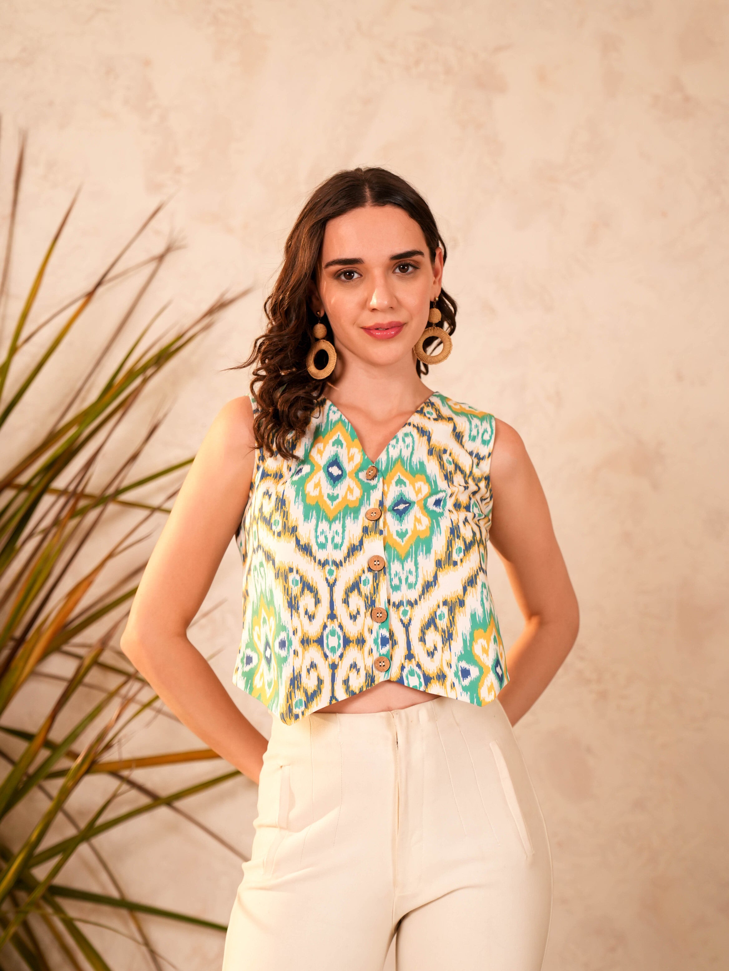 Beige Ikat Printed Crop Top