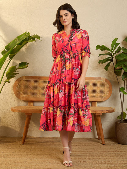 Pink Printed Georgette Frilled Dress