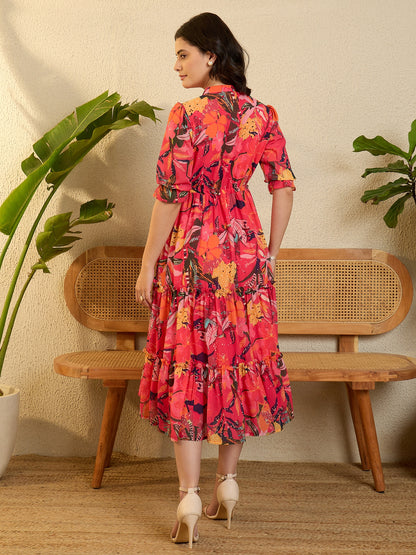 Pink Printed Georgette Frilled Dress