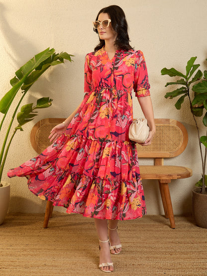 Pink Printed Georgette Frilled Dress