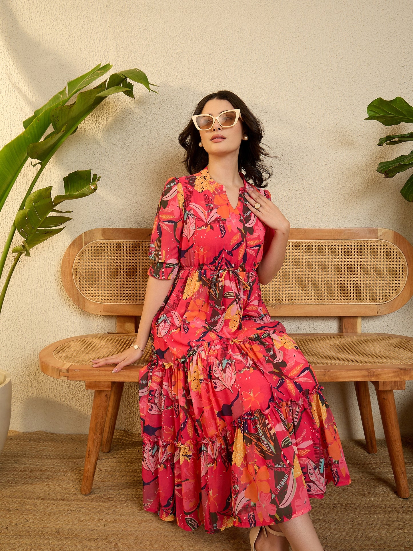 Pink Printed Georgette Frilled Dress