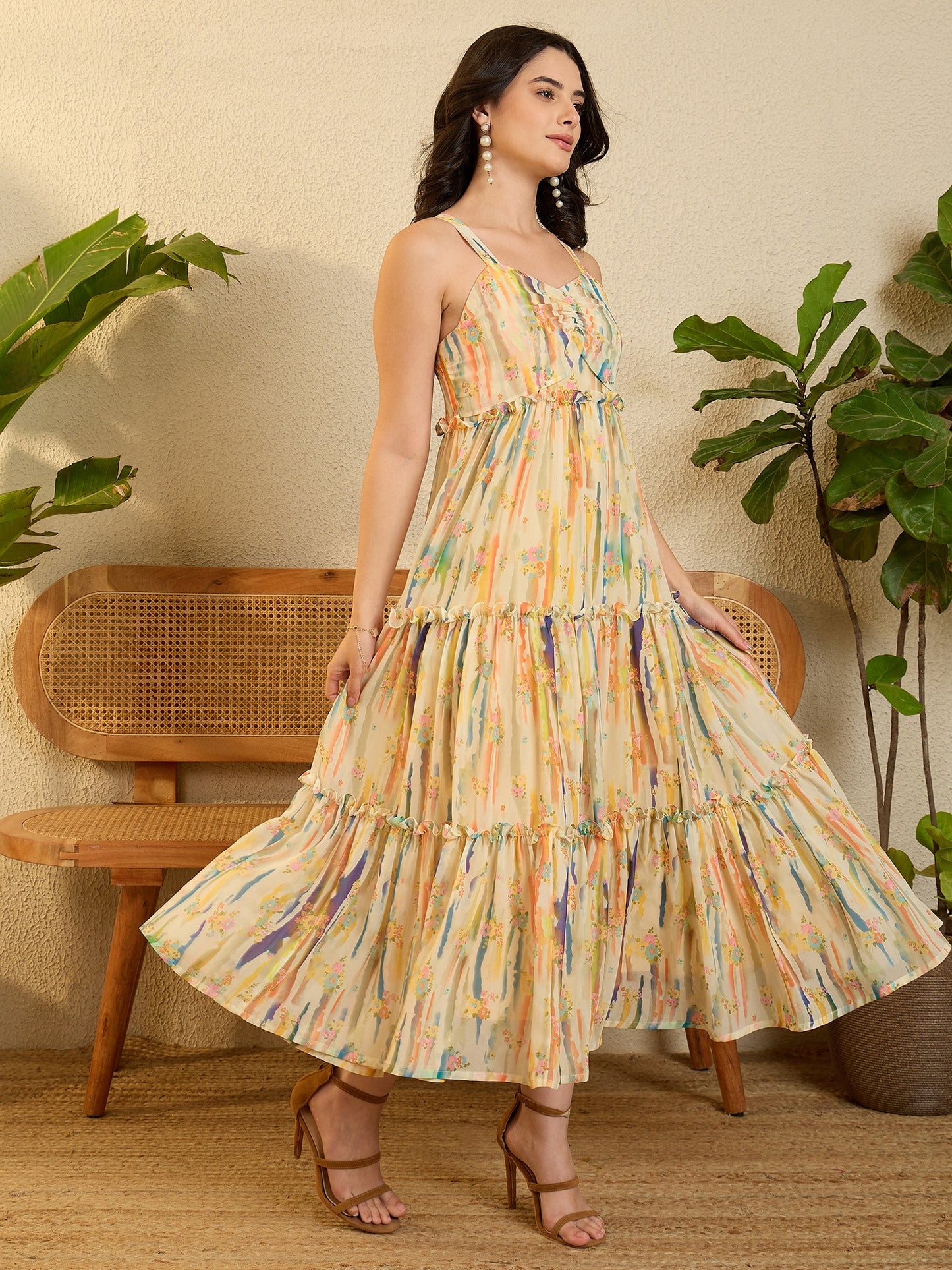 Yellow Printed Georgette Tiered Flared Maxi Dress
