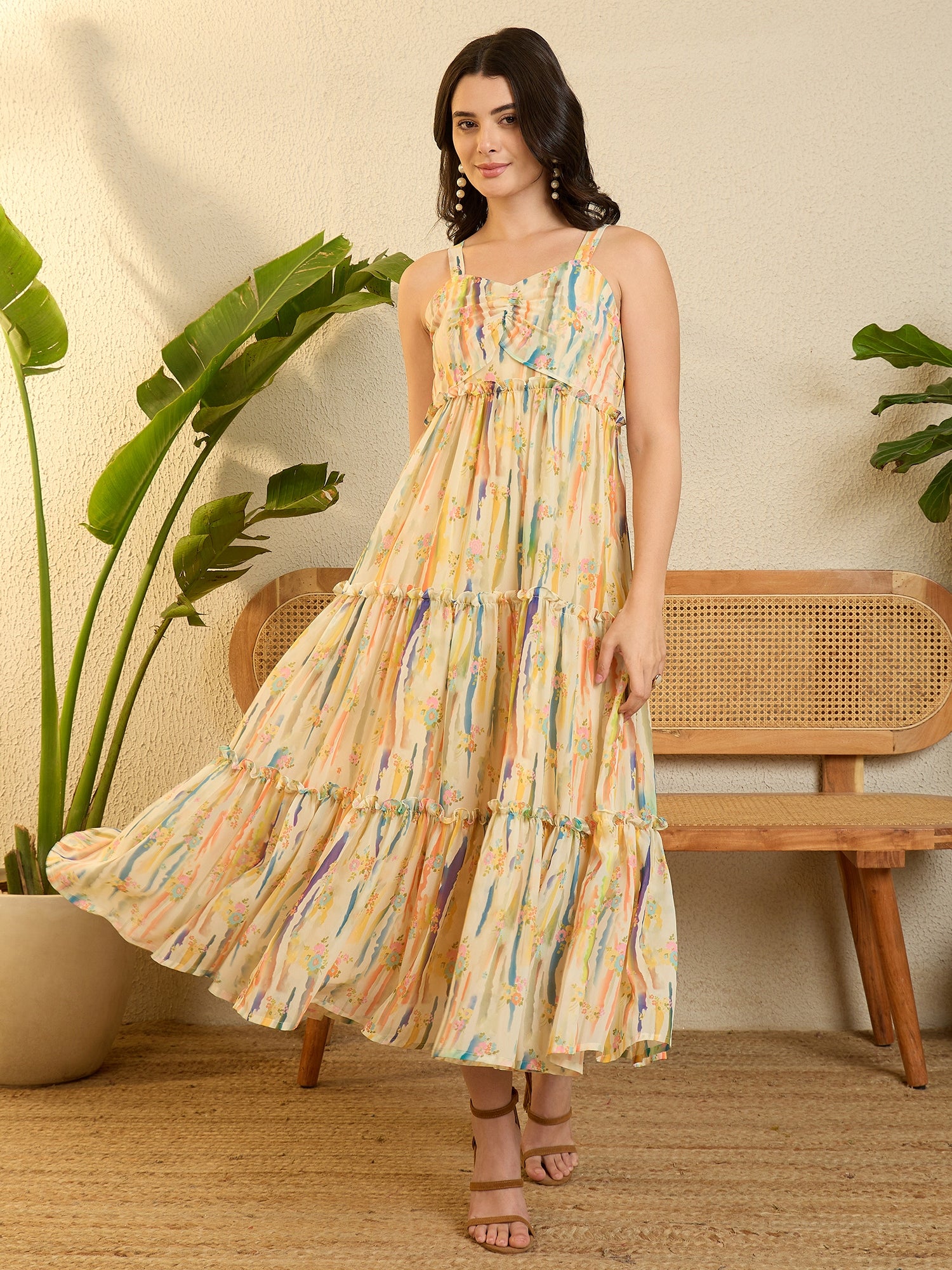 Yellow Printed Georgette Tiered Flared Maxi Dress