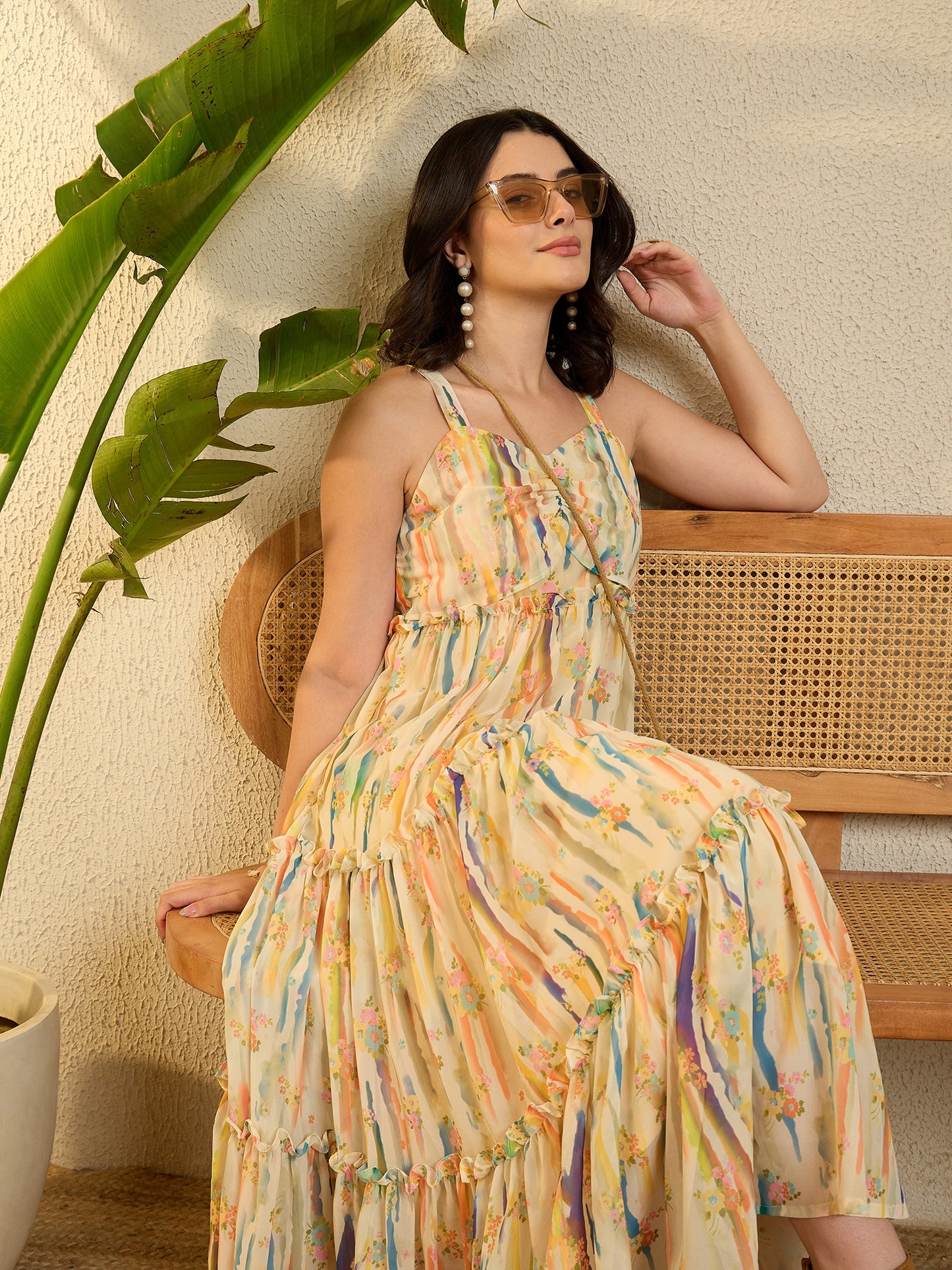 Yellow Printed Georgette Tiered Flared Maxi Dress