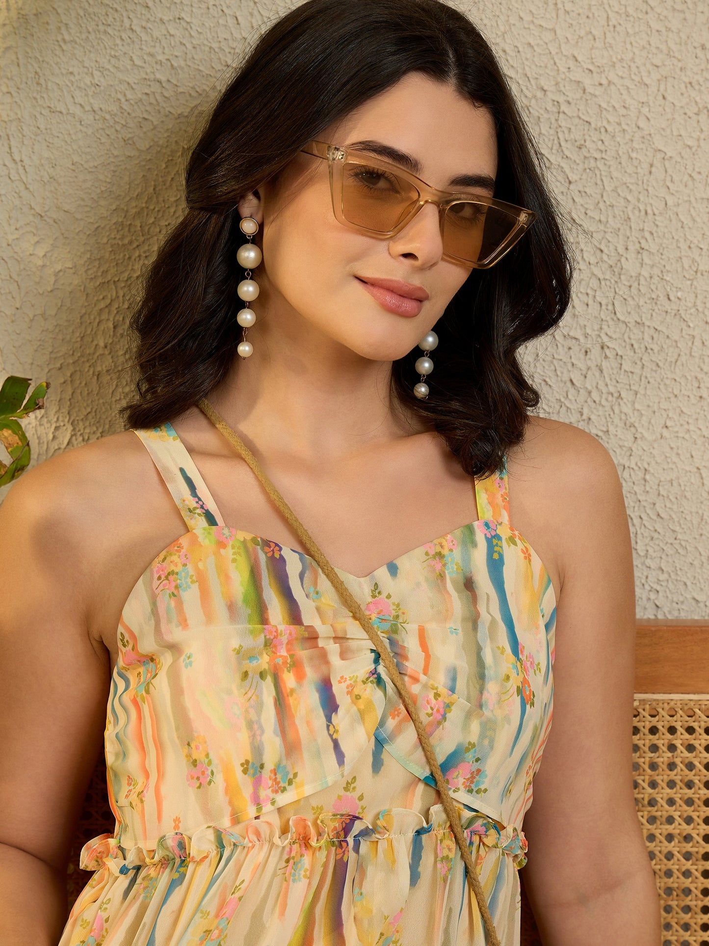 Yellow Printed Georgette Tiered Flared Maxi Dress