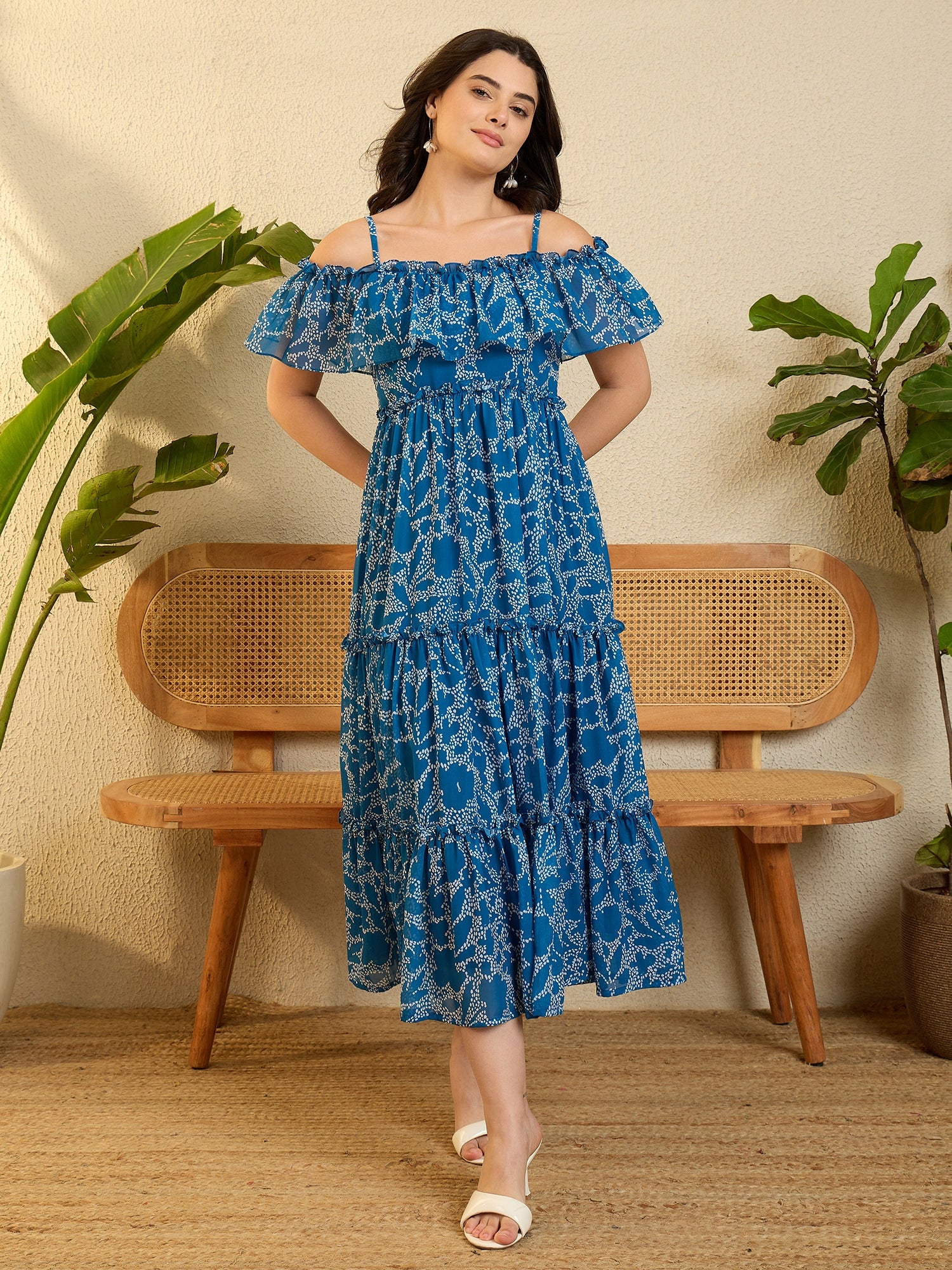 Blue Printed Ruffled Shoulder Strappy Dress