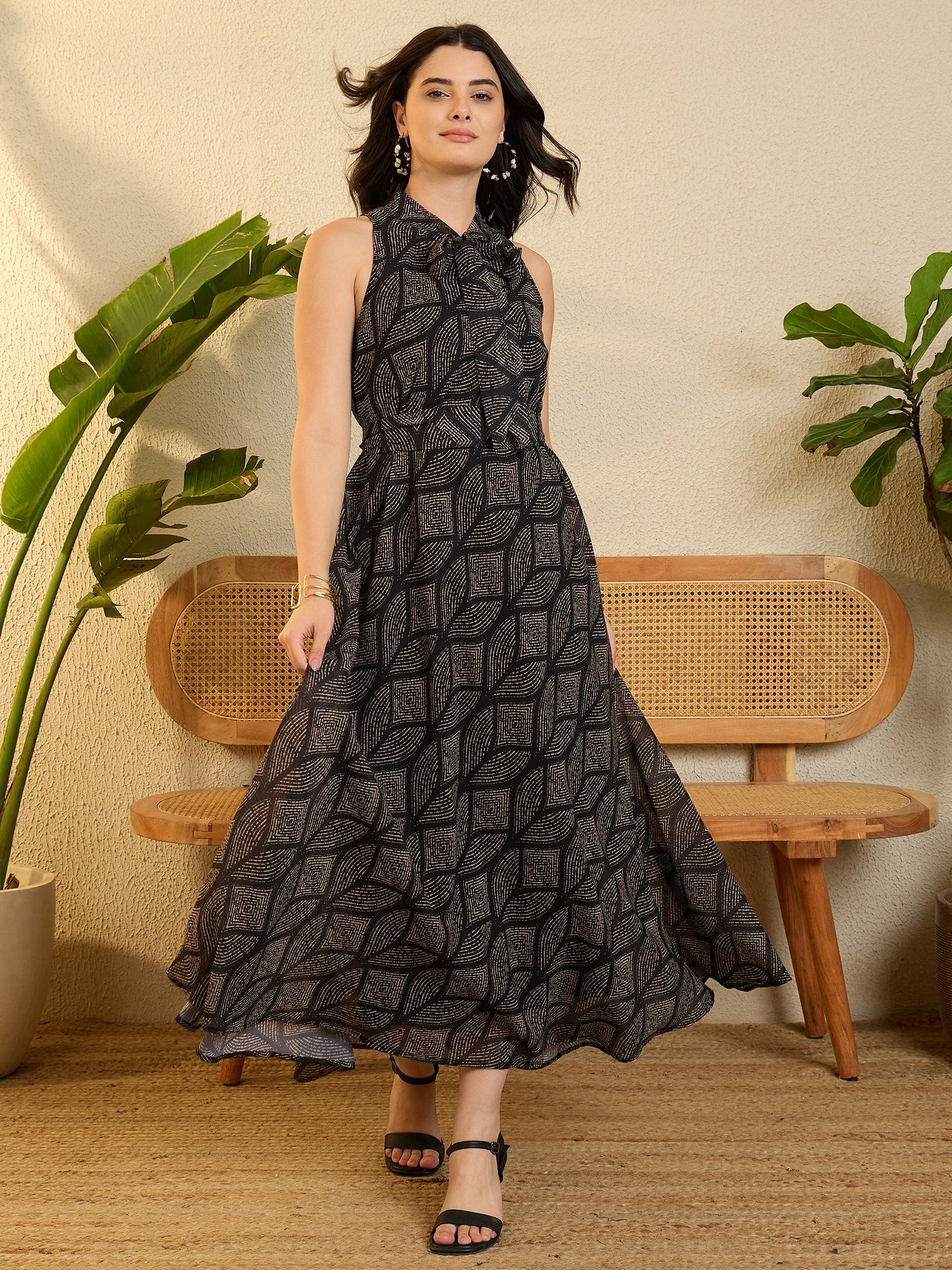Black Abstract Printed A-line Georgette Dress