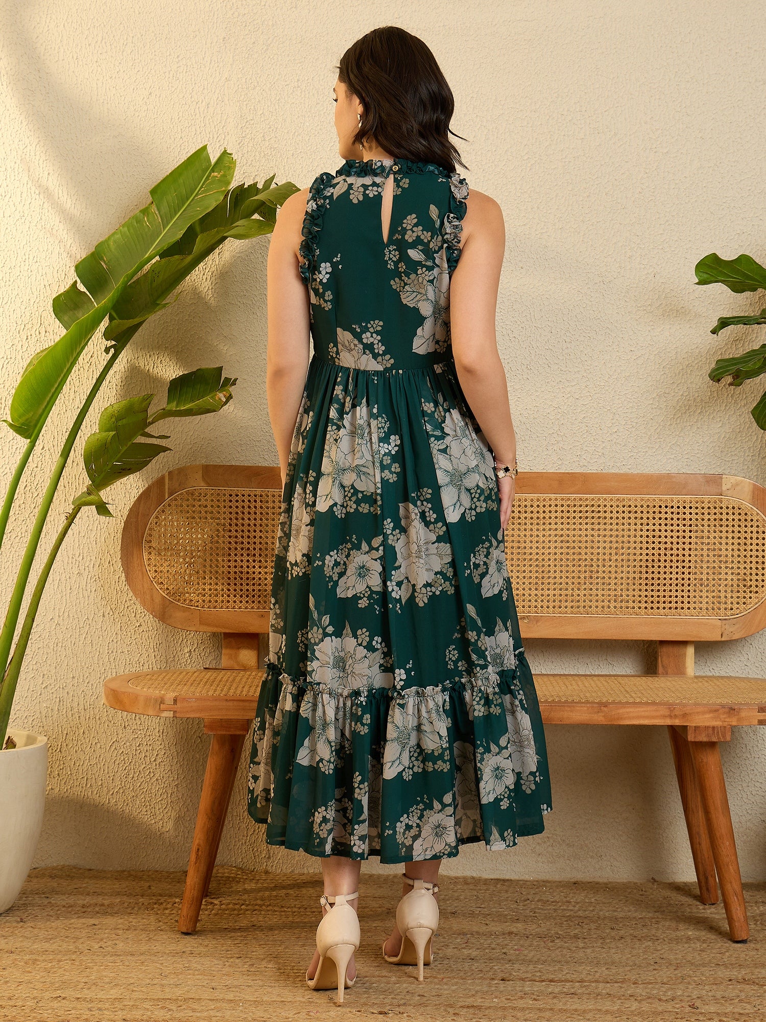 Green Floral Printed Frilled Maxi Dress