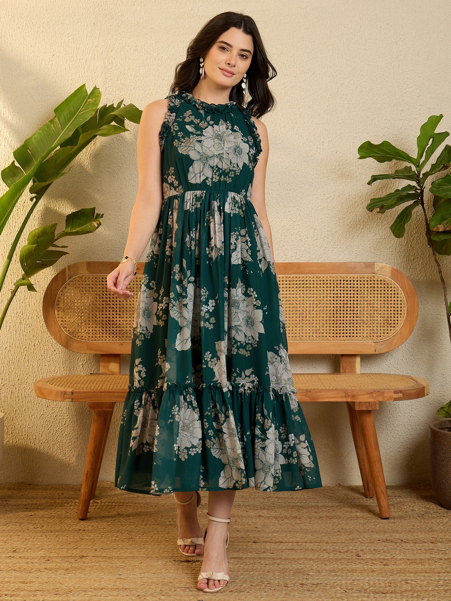 Green Floral Printed Frilled Maxi Dress