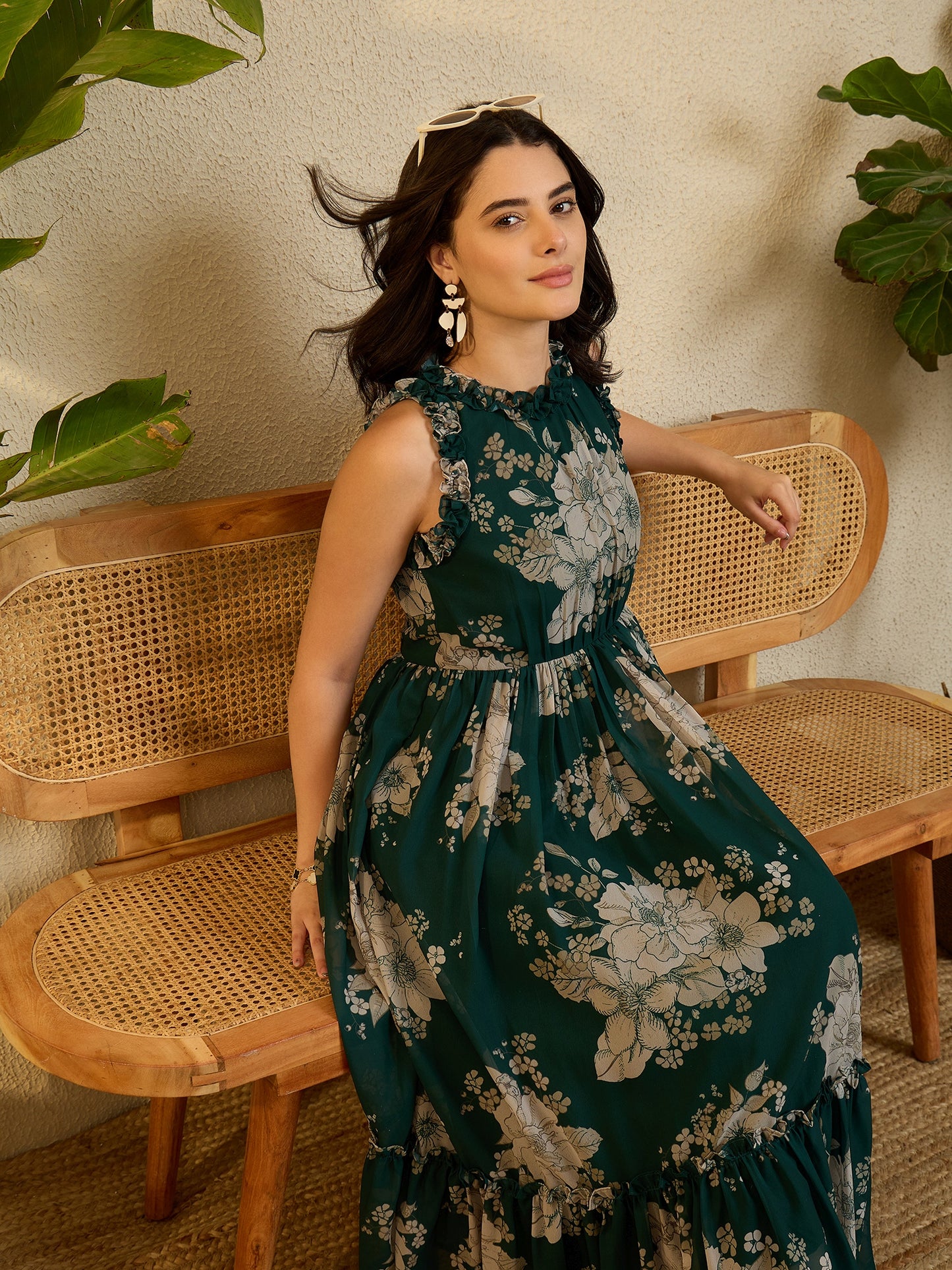 Green Floral Printed Frilled Maxi Dress