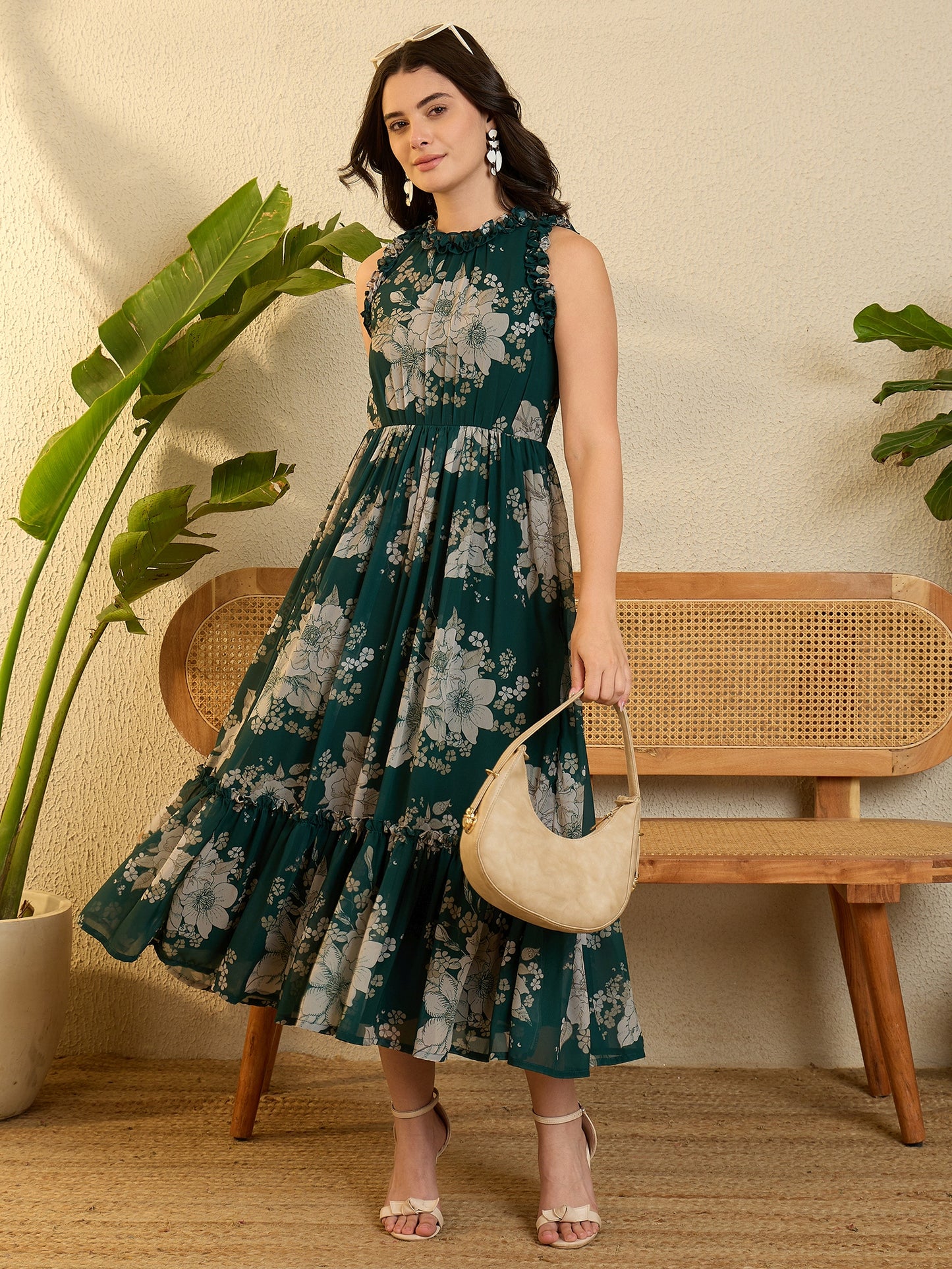 Green Floral Printed Frilled Maxi Dress