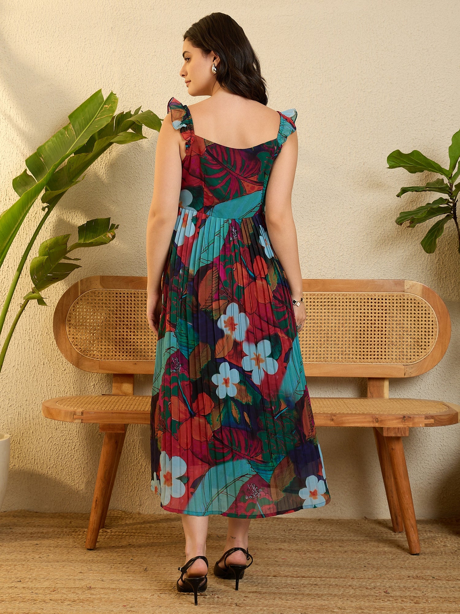 Multicolor Crushed Streppy Flared Dress