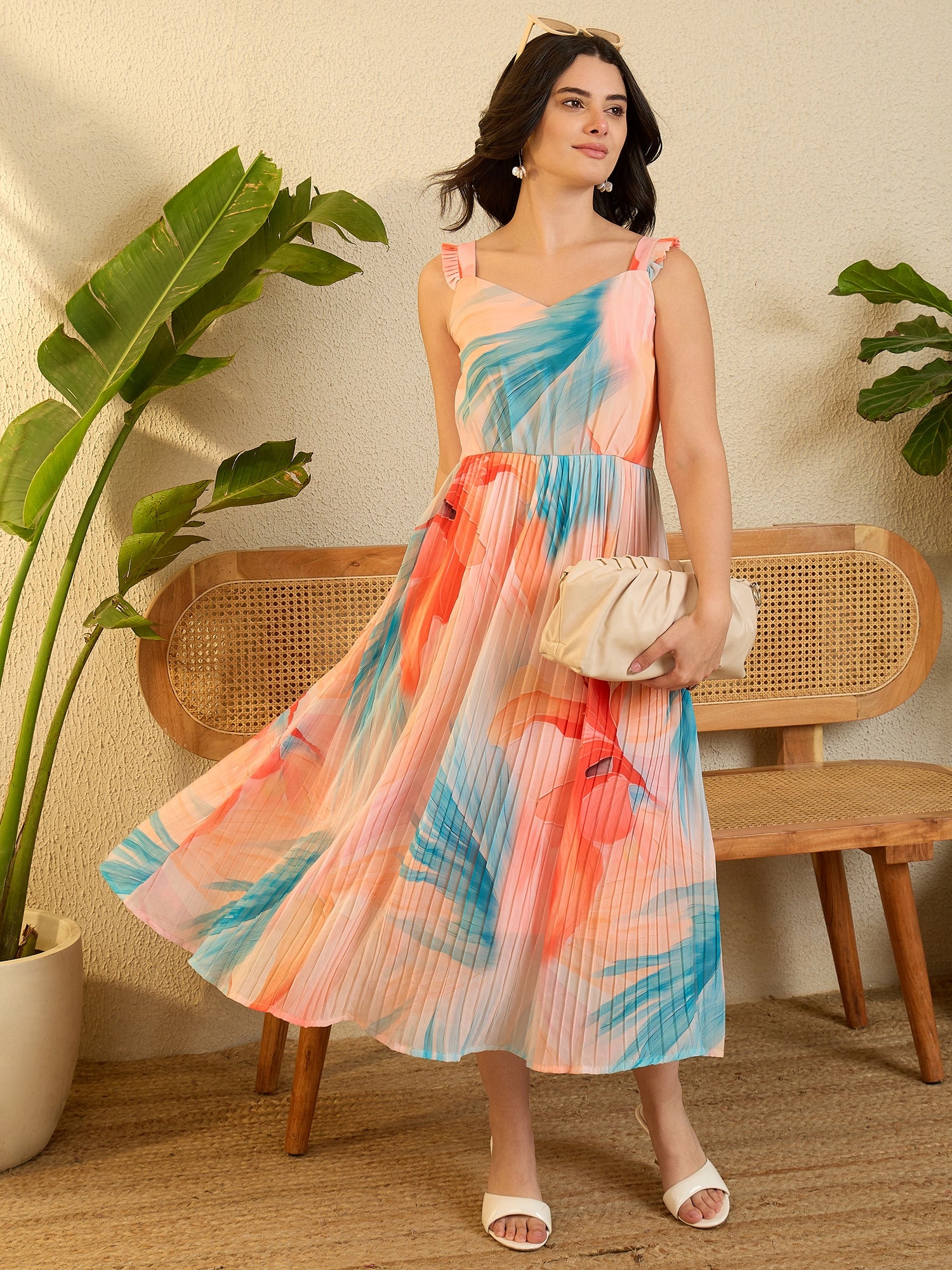 Peach Floral Printed Crushed Streppy Dress