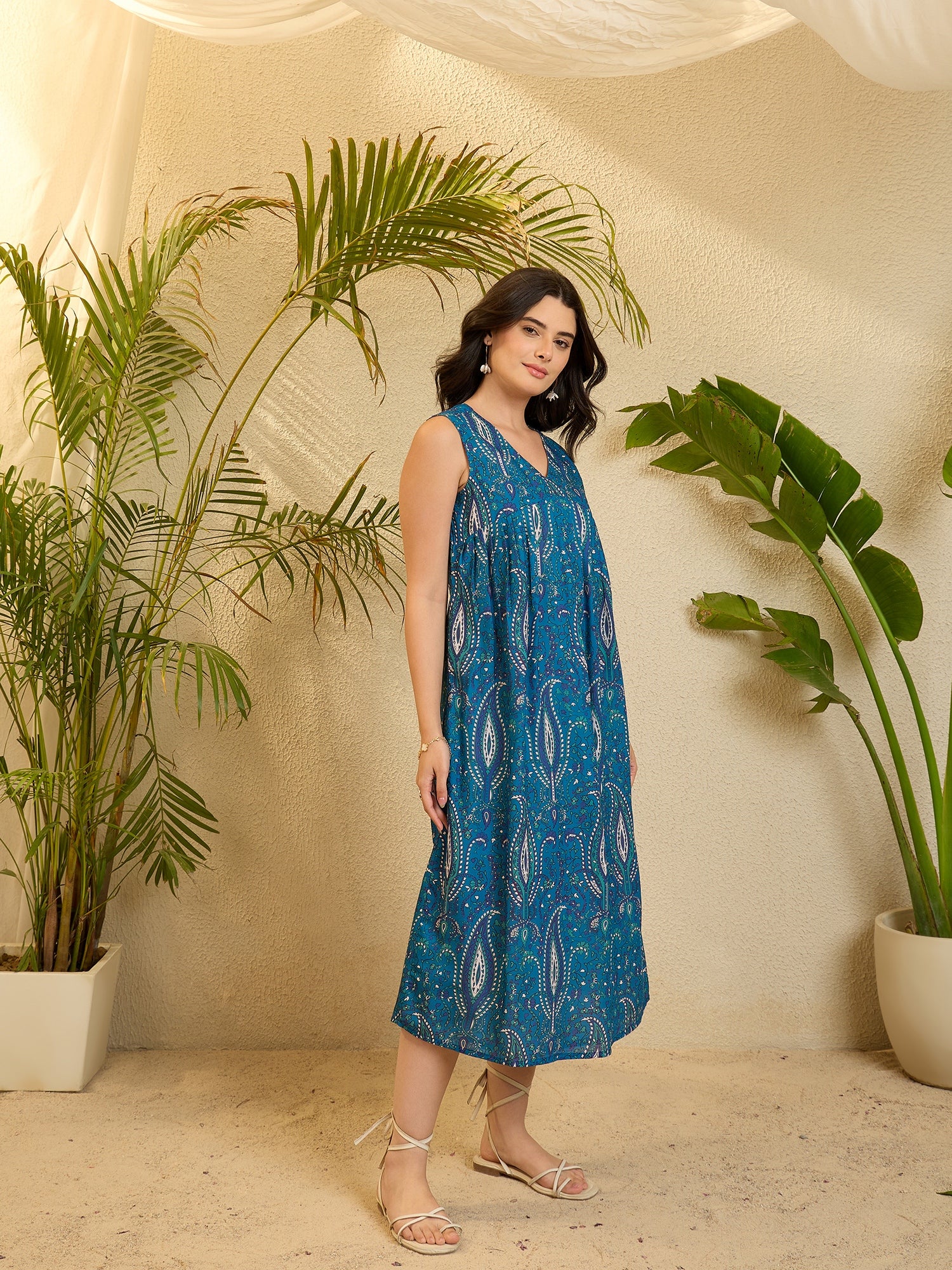 Blue Paisely Cotton Sleeveless Dress