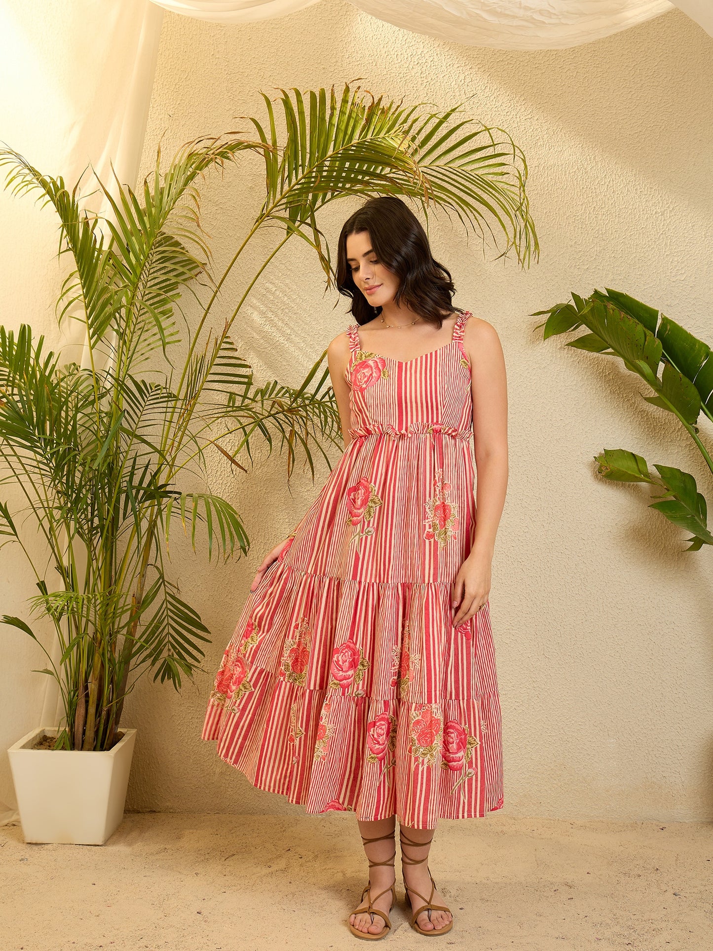 Pink Floral Printed Lyered Dress
