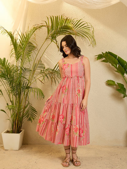Pink Floral Printed Lyered Dress