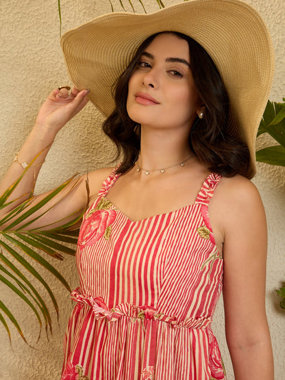 Pink Floral Printed Lyered Dress