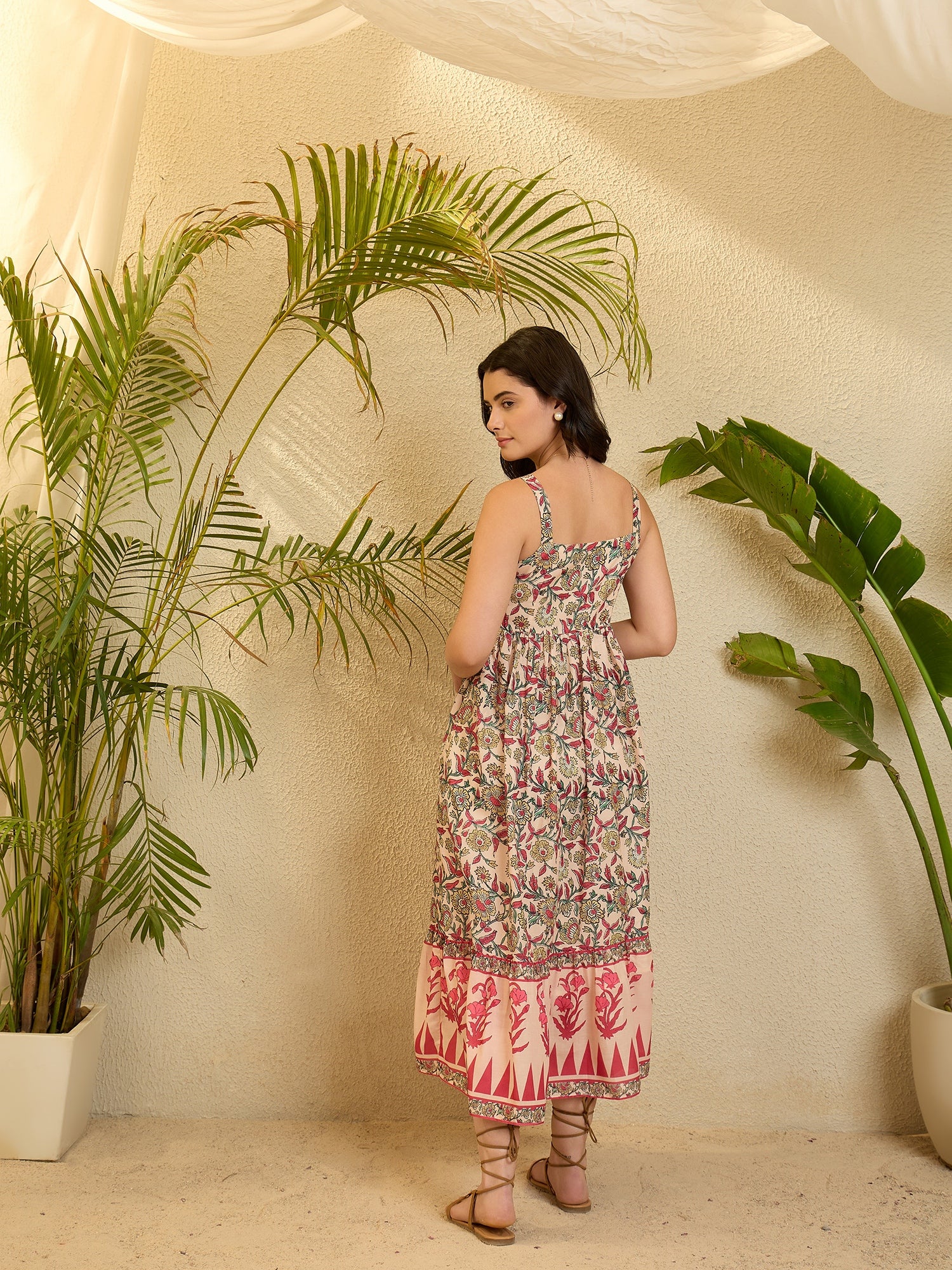 Pink Block Printed Cotton Flared Dress