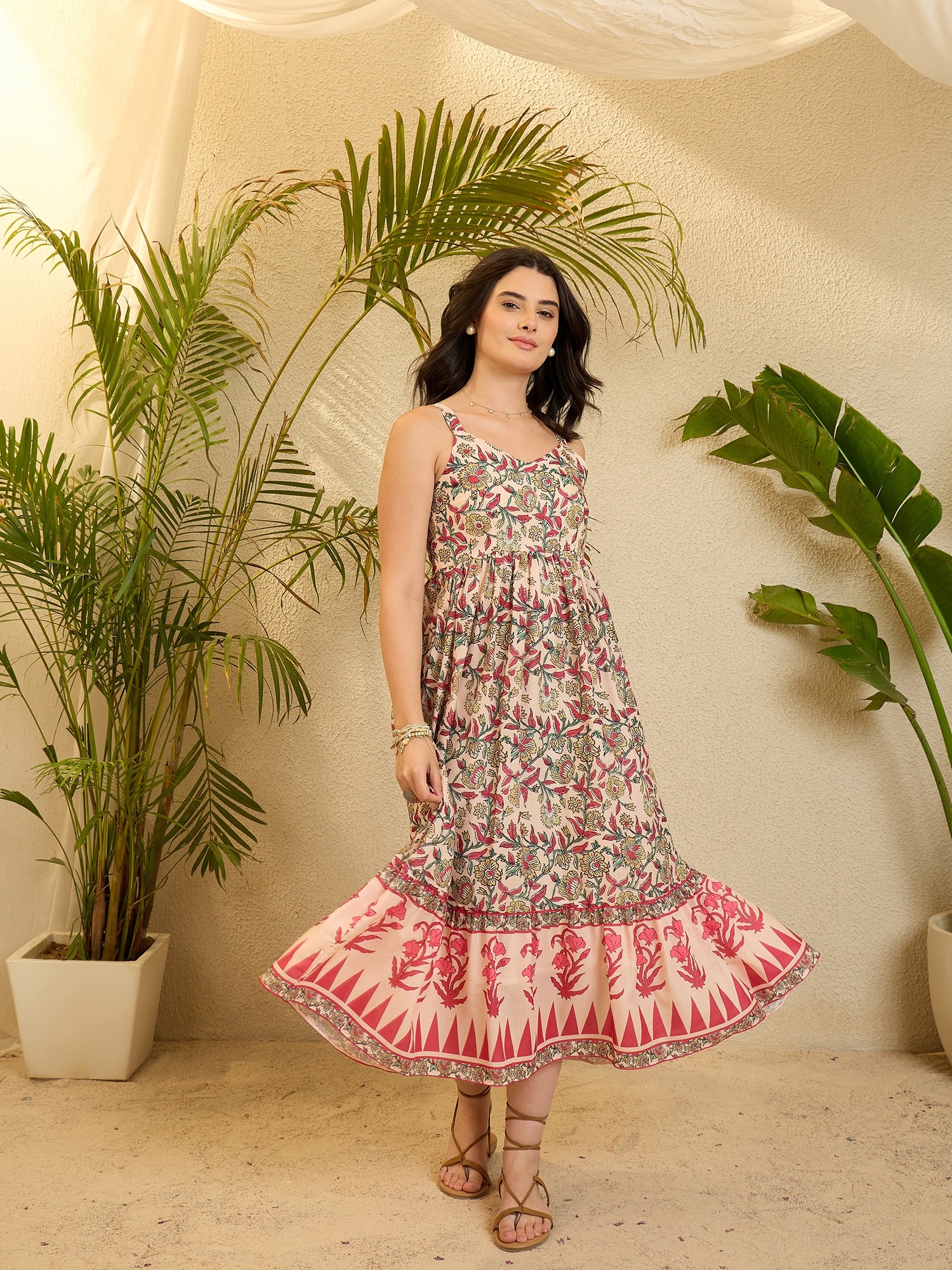 Pink Block Printed Cotton Flared Dress