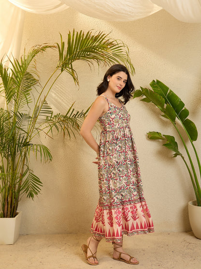 Pink Block Printed Cotton Flared Dress