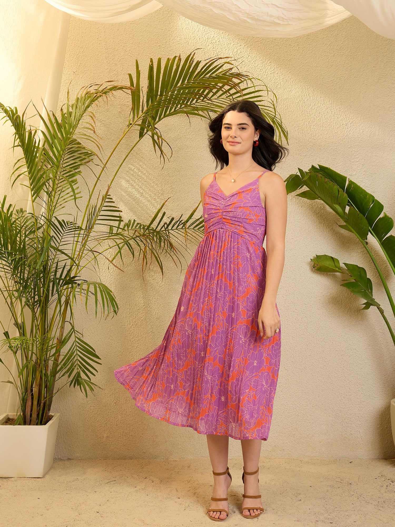 Blythe Floral Plisse Crushed Midi Dress