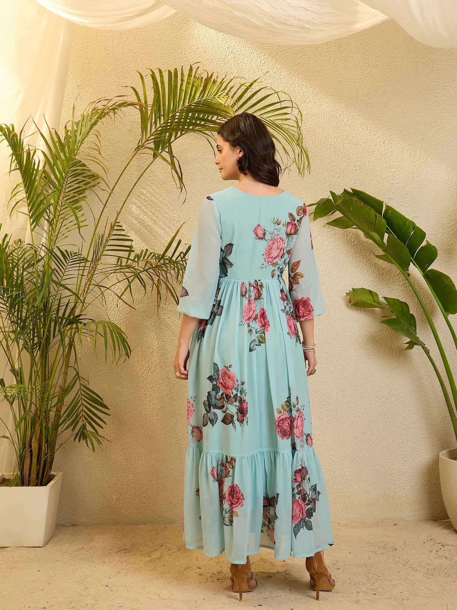Sky Blue Floral Printed Flared Maxi Dress