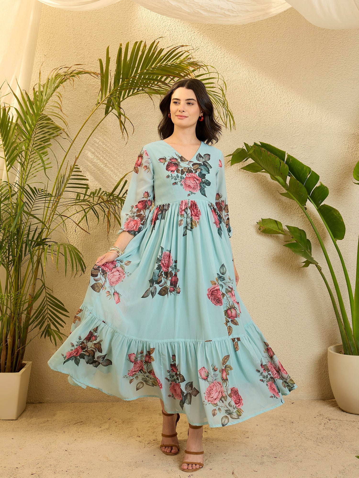 Sky Blue Floral Printed Flared Maxi Dress