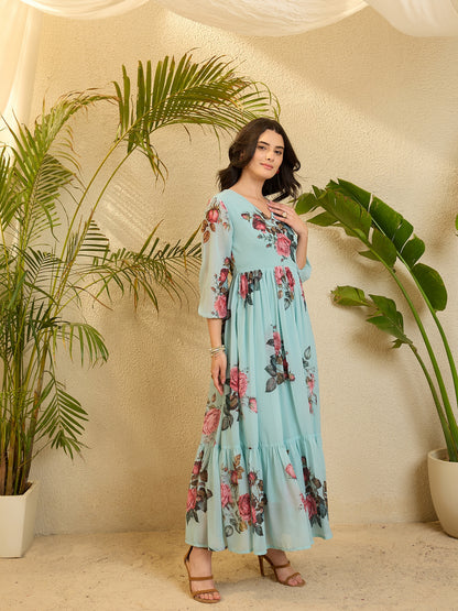 Sky Blue Floral Printed Flared Maxi Dress