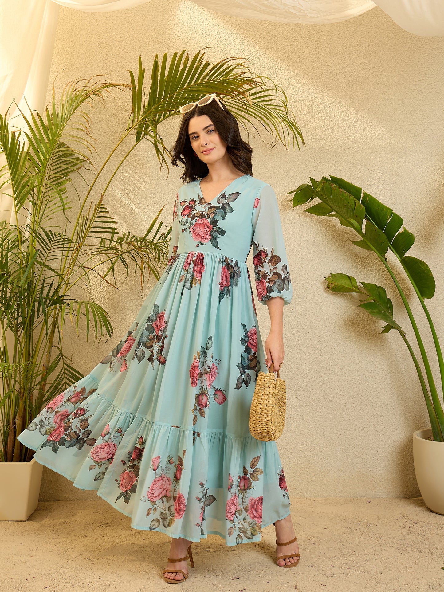 Sky Blue Floral Printed Flared Maxi Dress