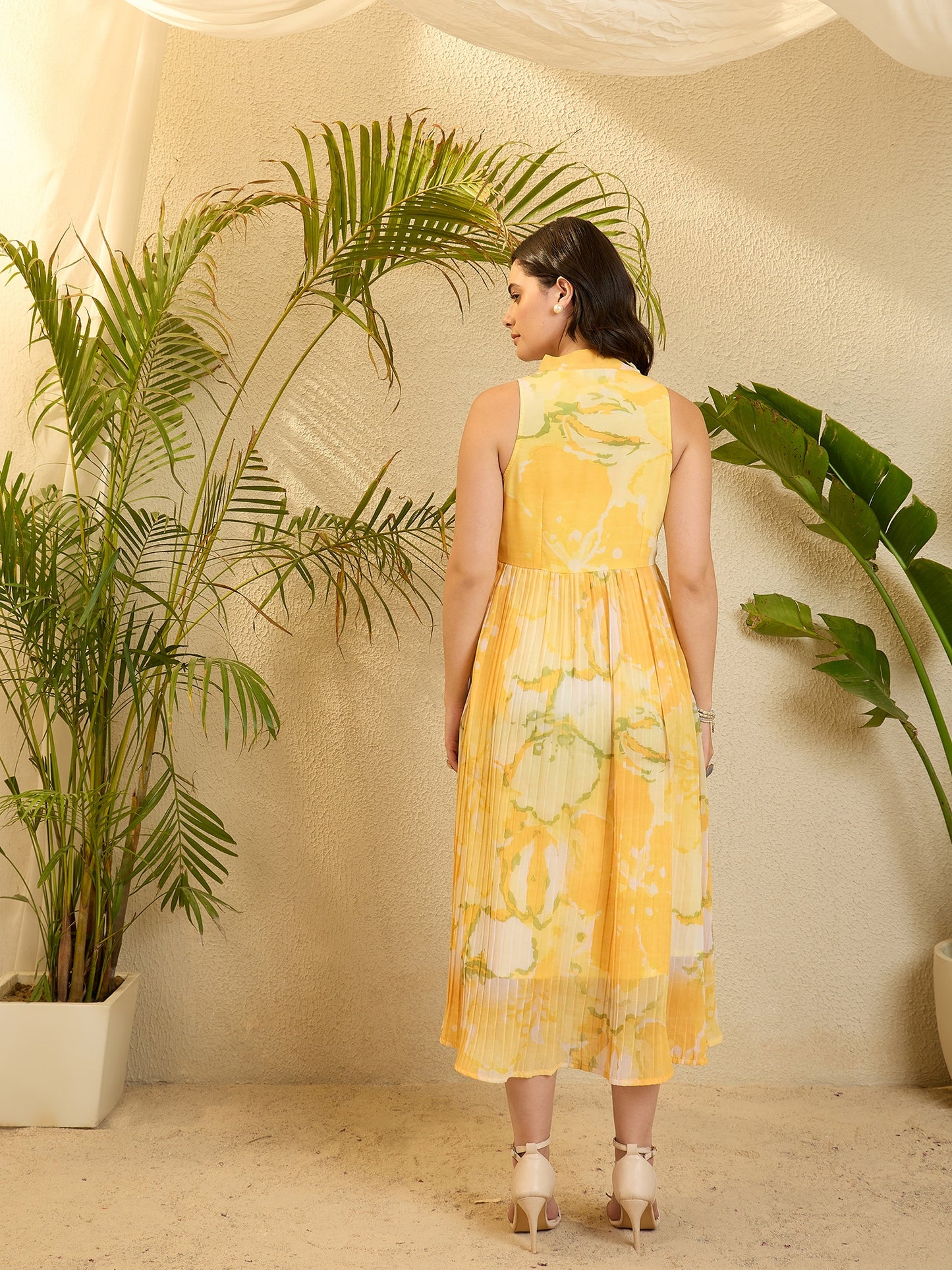 Lime Printed Georgette Crushed Dress