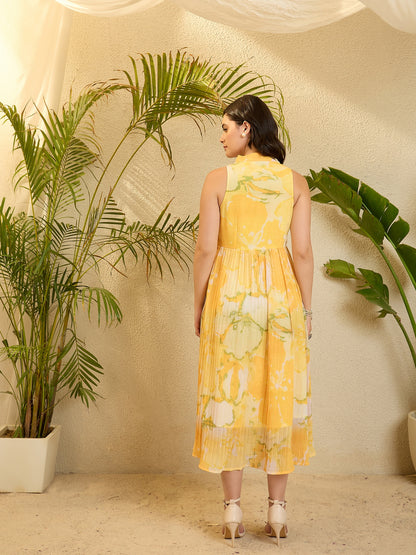 Lime Printed Georgette Crushed Dress