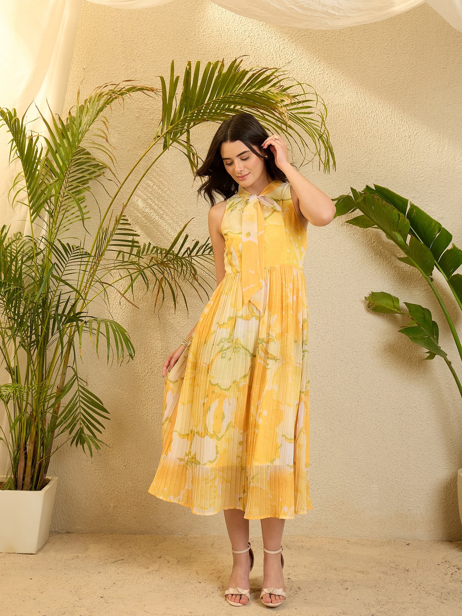 Lime Printed Georgette Crushed Dress