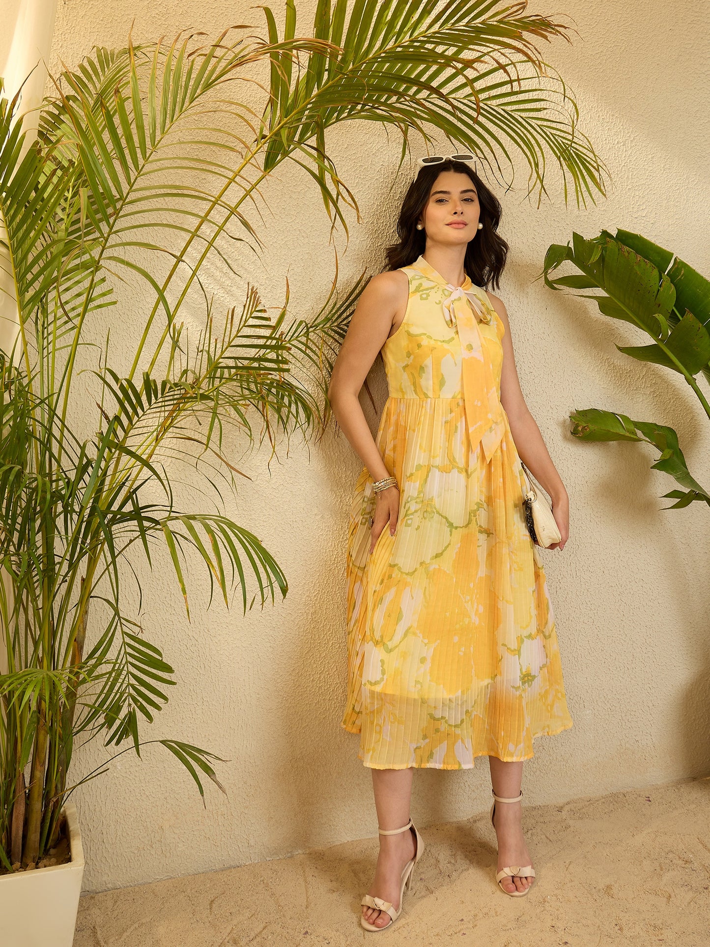Lime Printed Georgette Crushed Dress