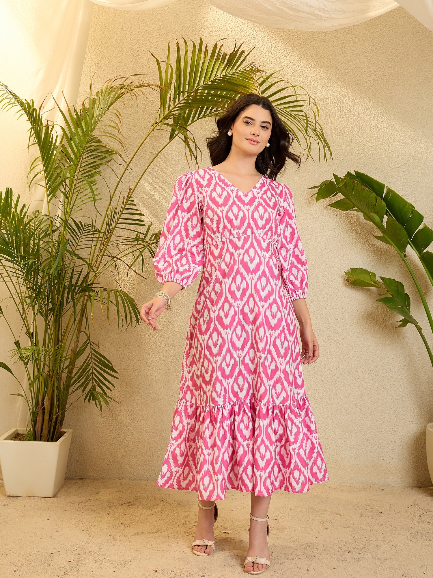 Pink Abstract Printed Flared Maxi Dress