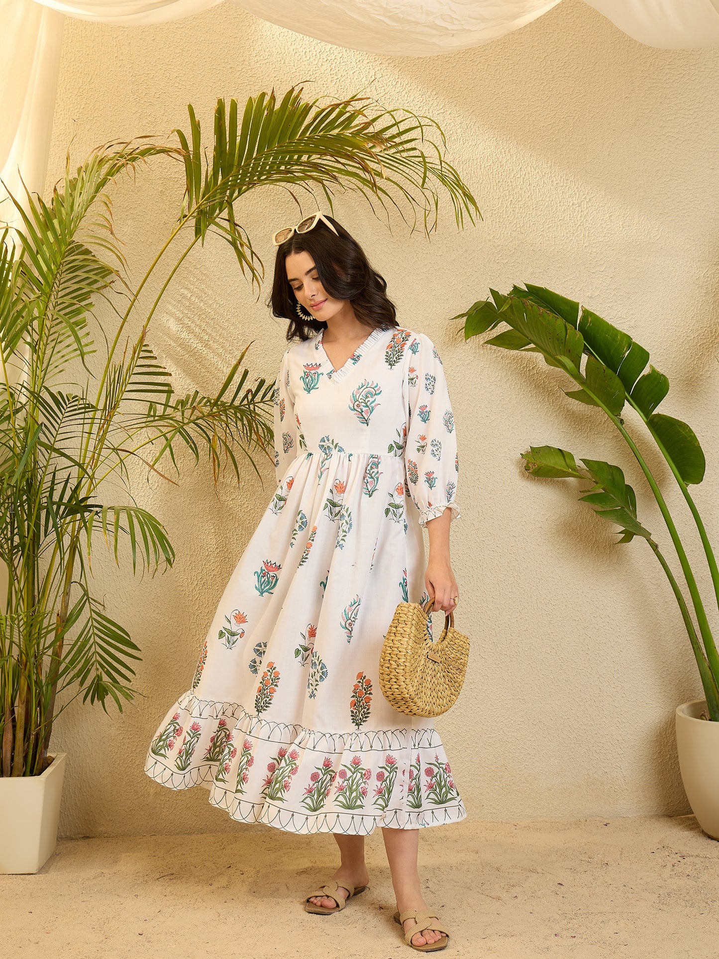 White Floral Printed Linen Flared Dress