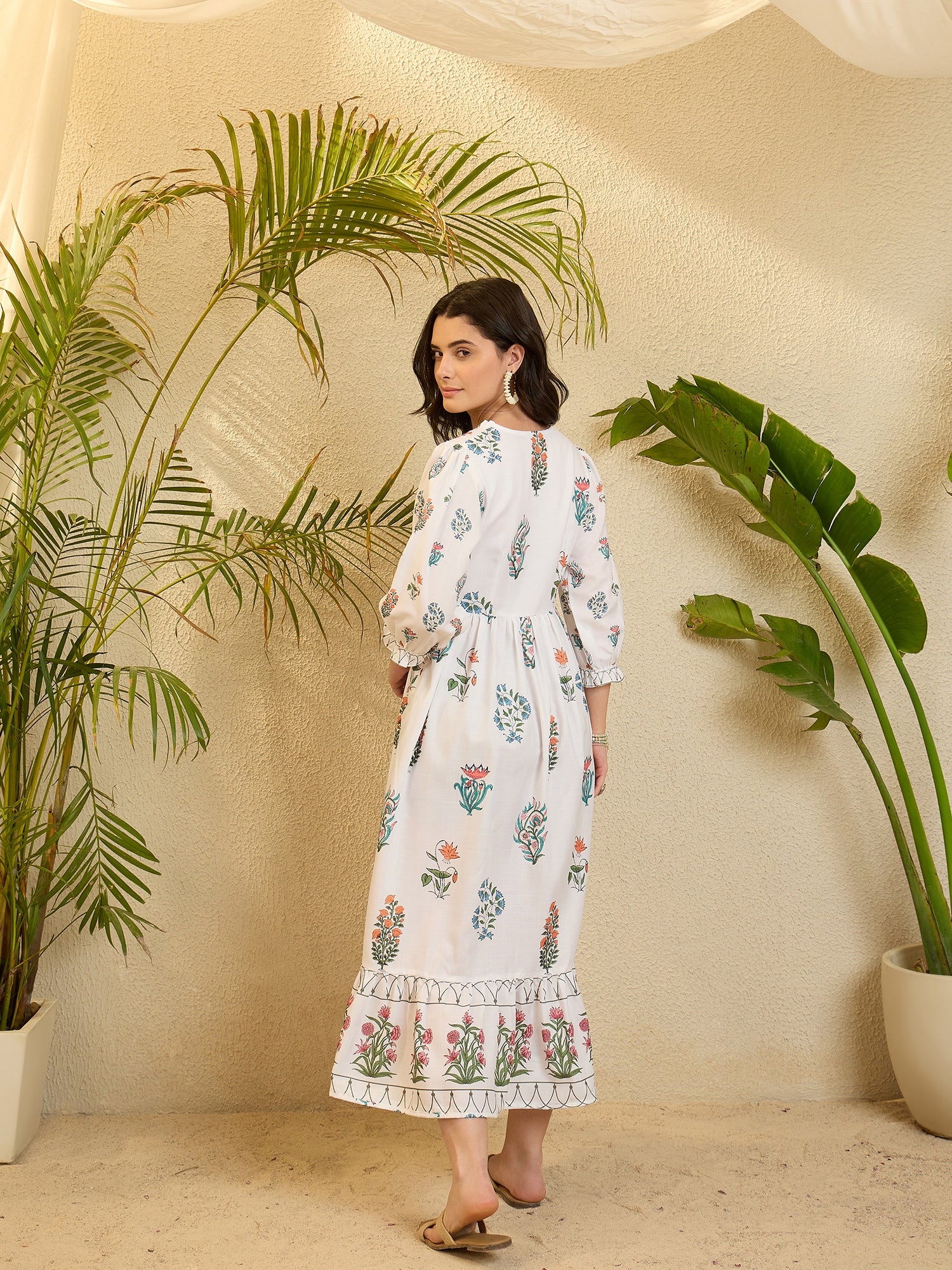 White Floral Printed Linen Flared Dress