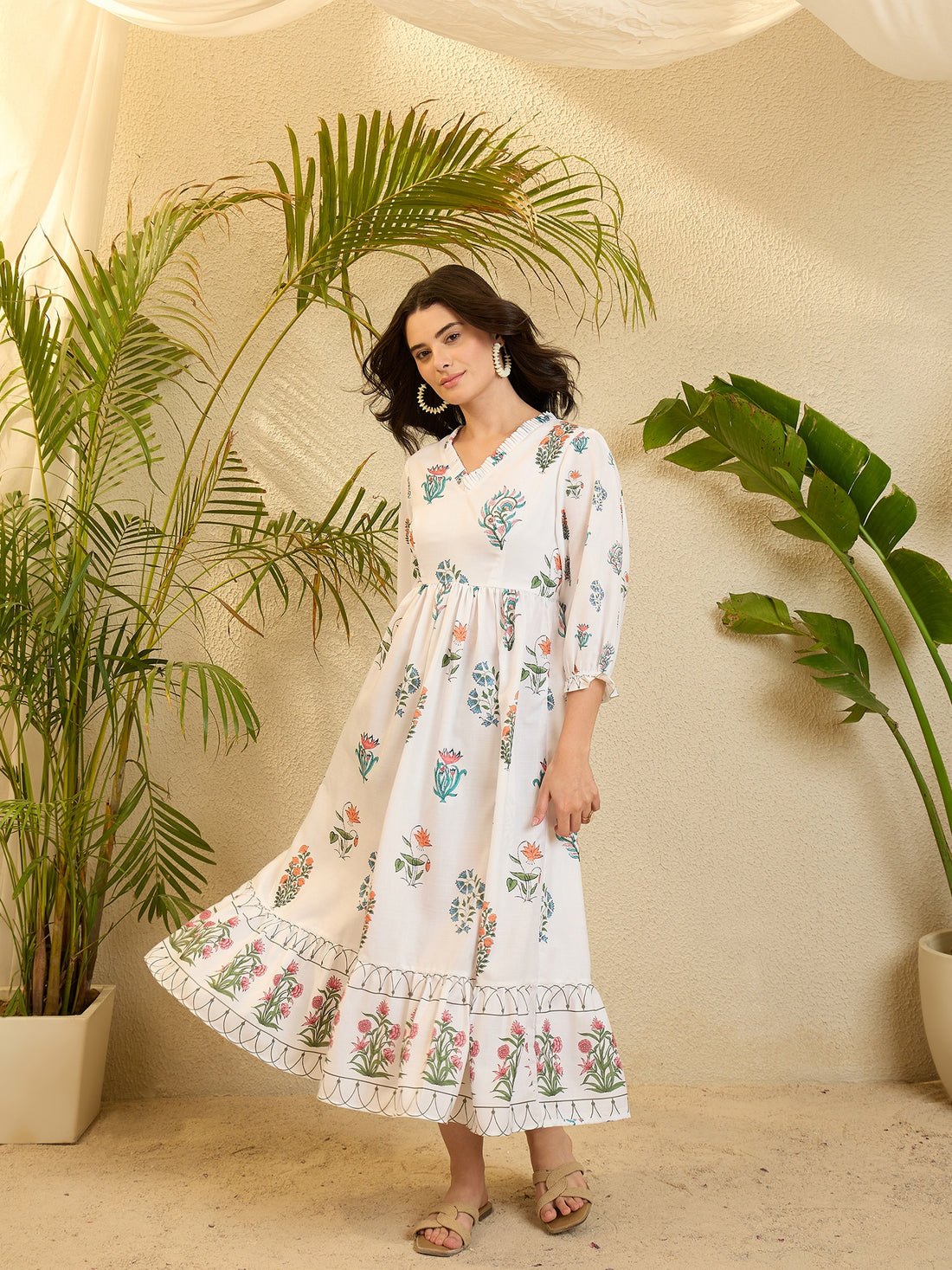 White Floral Printed Linen Flared Dress Octics White Floral Printed Linen Flared Dress Octics