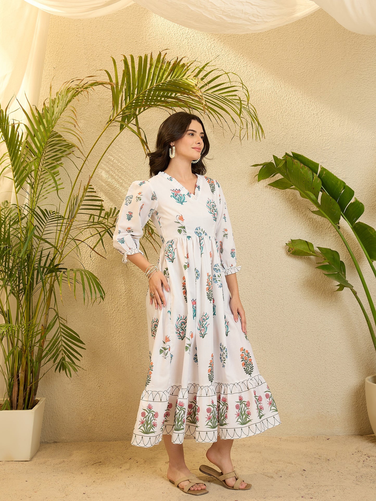 White Floral Printed Linen Flared Dress