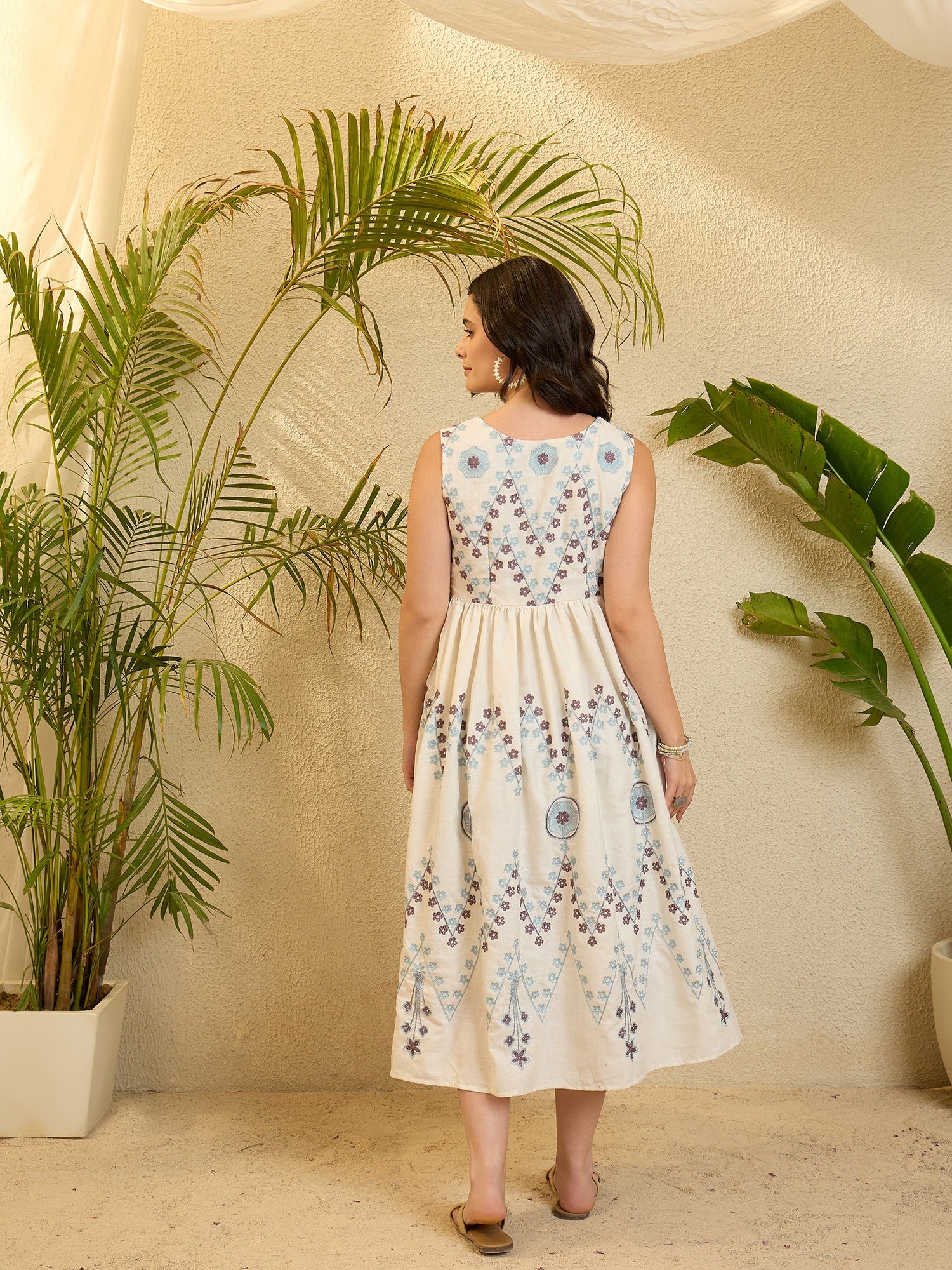 Beige Floral Embroidery Fit & Flared Dress